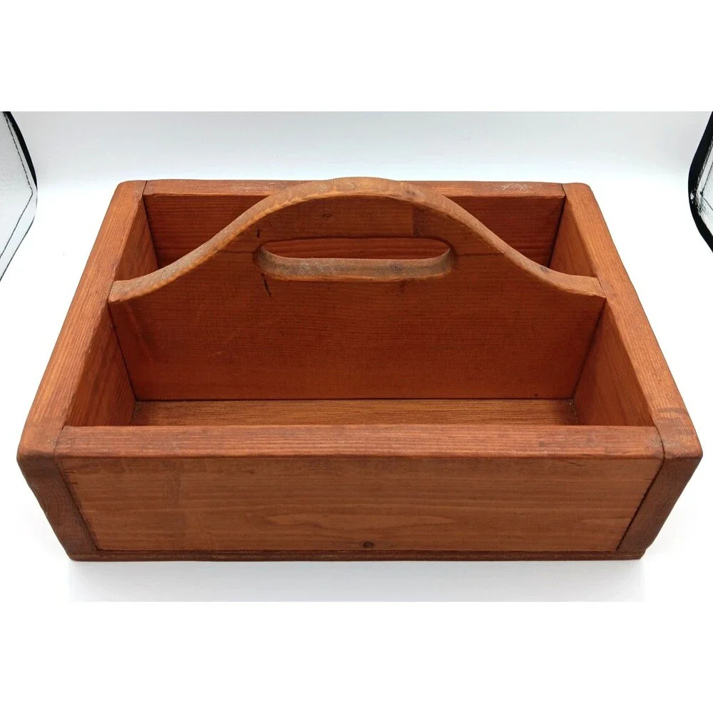 Vtg Wooden Box Caddy Farmhouse Hand Painted w/ Handle Catch All Storage Country